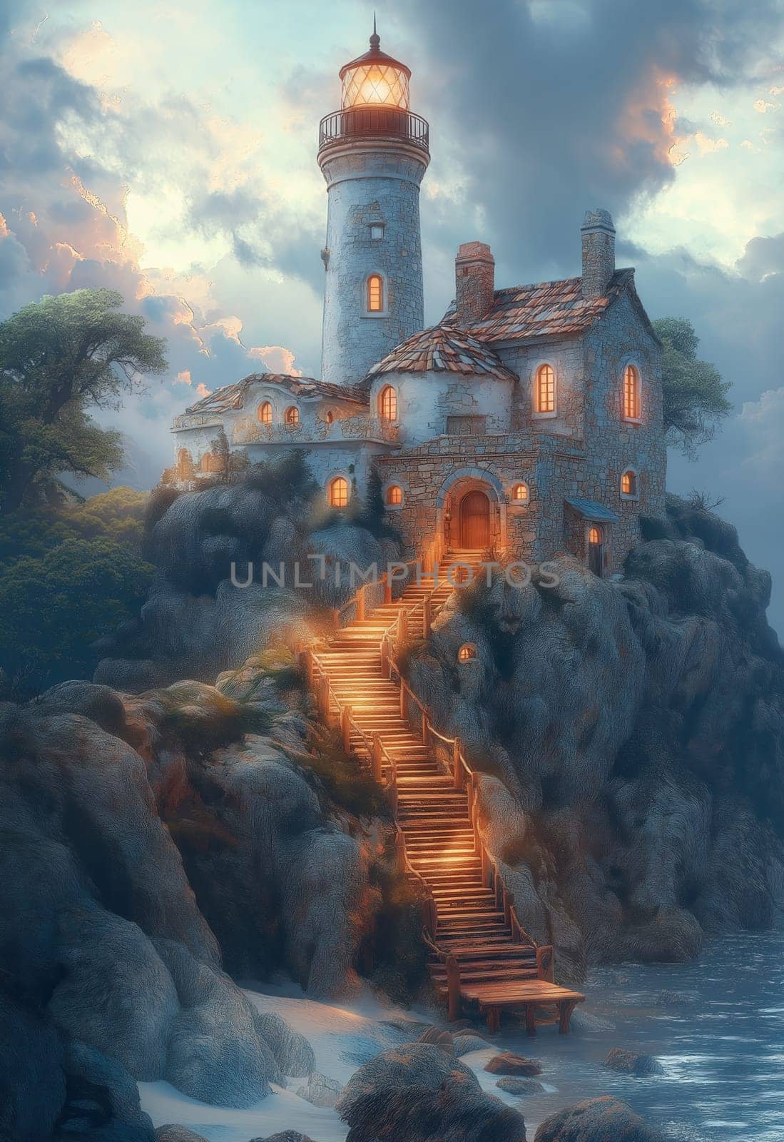 Illustration, a path to a lighthouse on a rocky island. Selective focus.