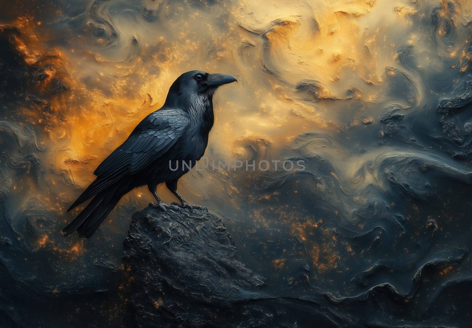 A black raven on an abstract textured background. Selective focus.