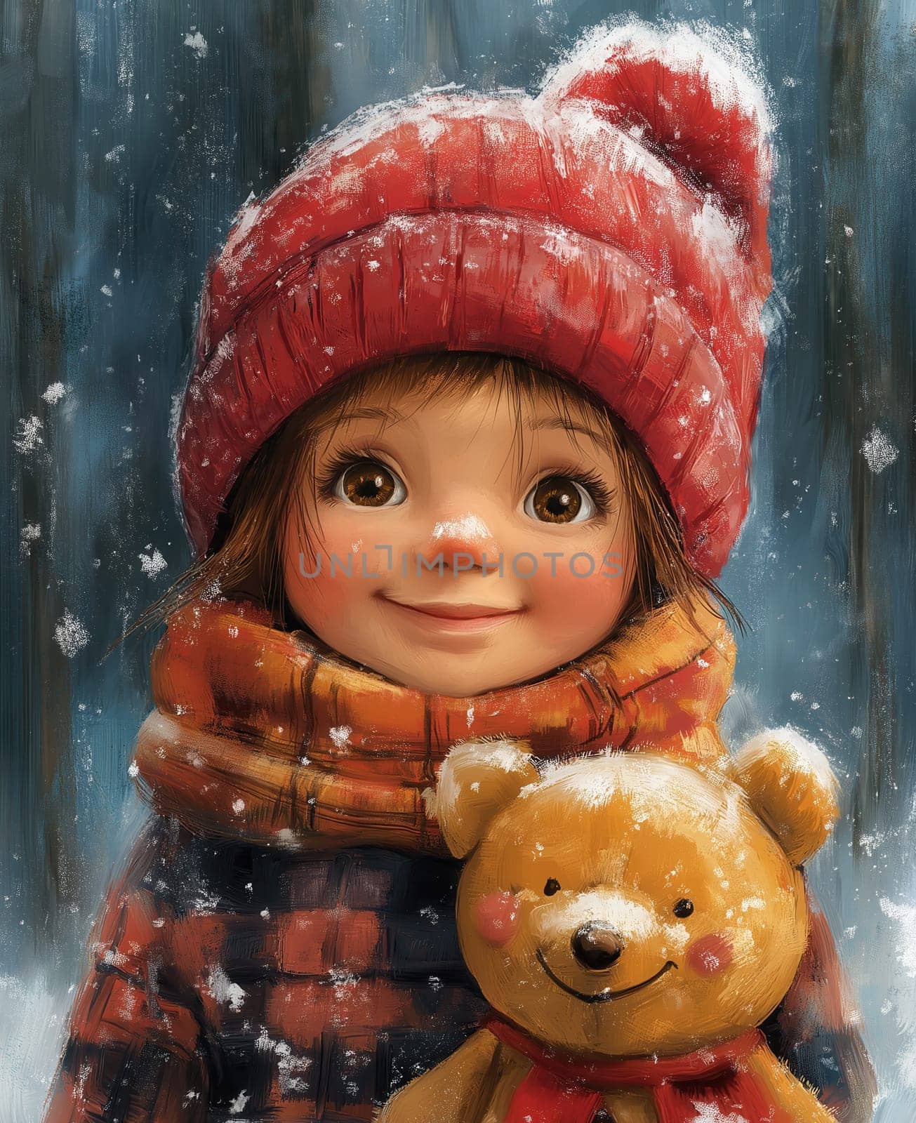 Illustration of a girl on a winter background. Selective focus.
