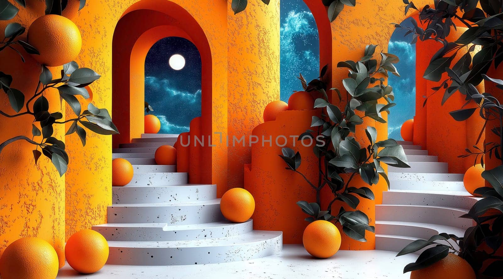 A staircase with arches in an orange theme with balls and greenery. Selective focus.