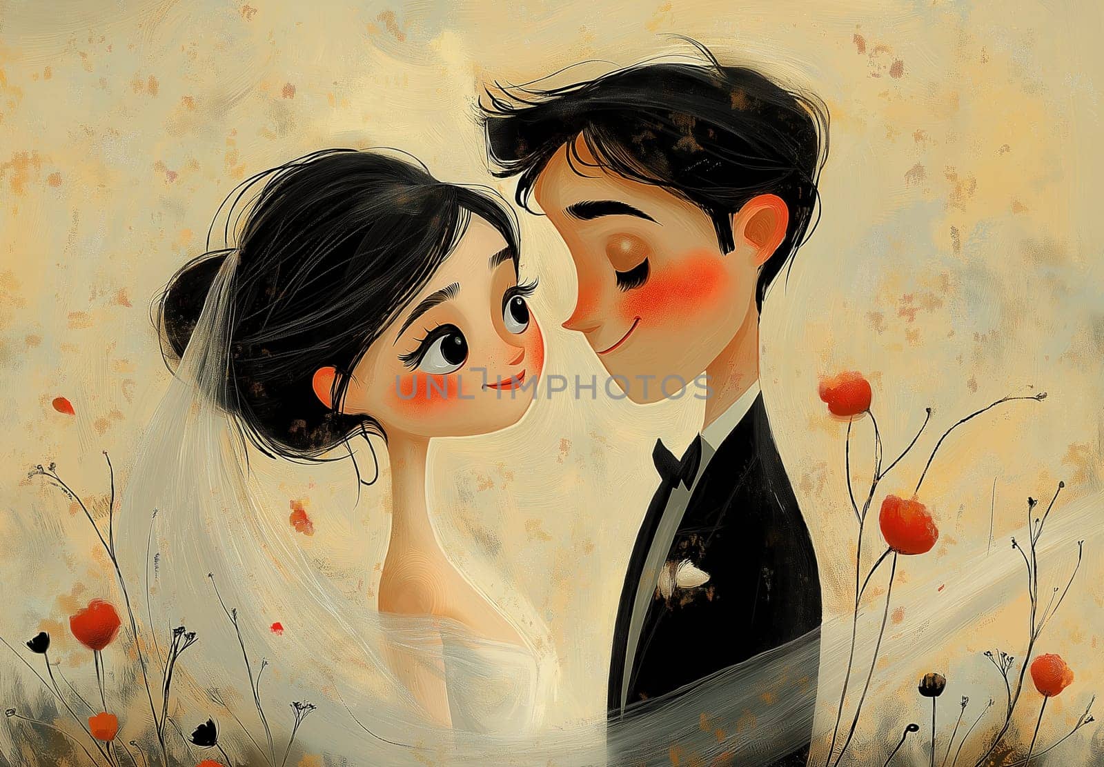 A cartoon illustration of a bride and groom on a cream background. Selective focus.