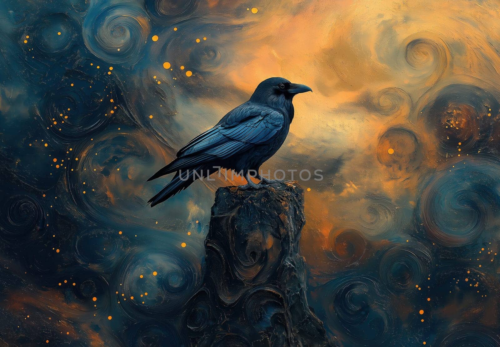 A black raven on an abstract textured background. Selective focus.