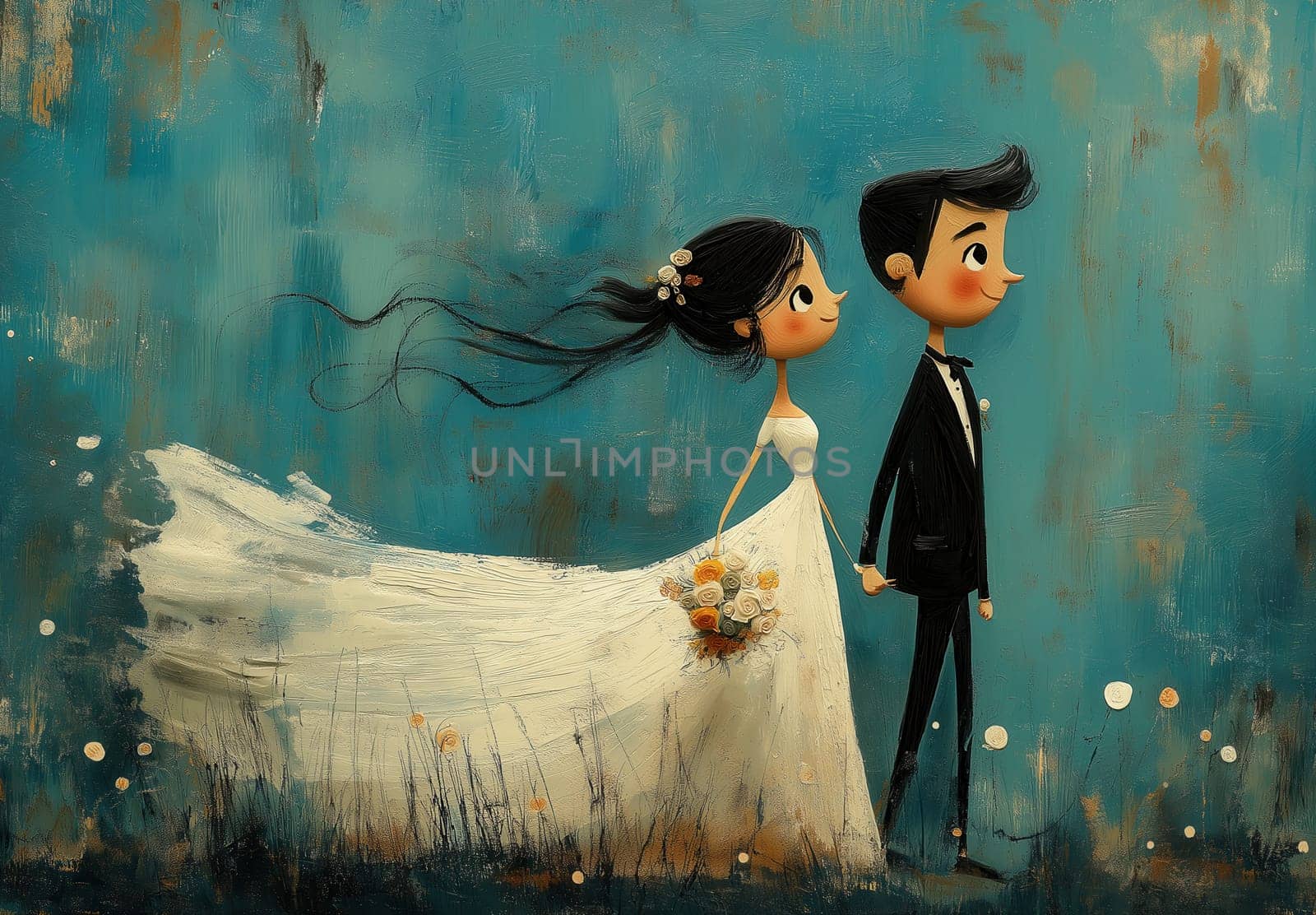 A cartoon illustration of a bride and groom on a blue background. Selective focus.