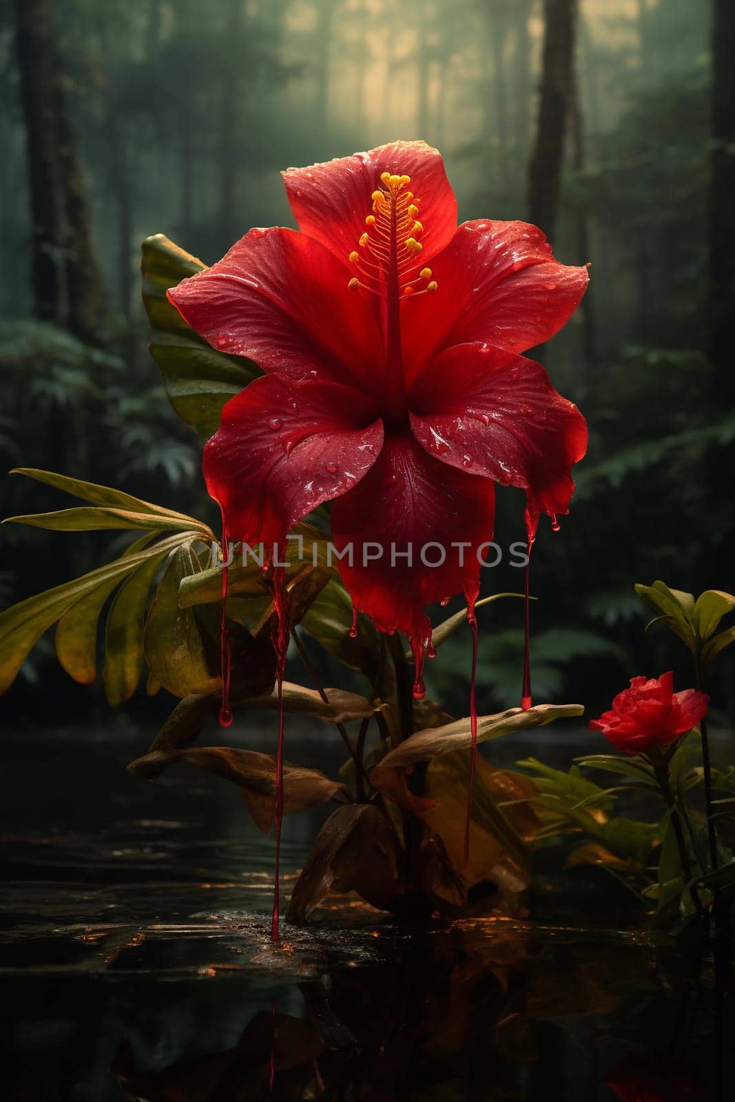 Tropical Rainforest Beauty: Vibrant Hibiscus Blossom by the Water by Raulmartin
