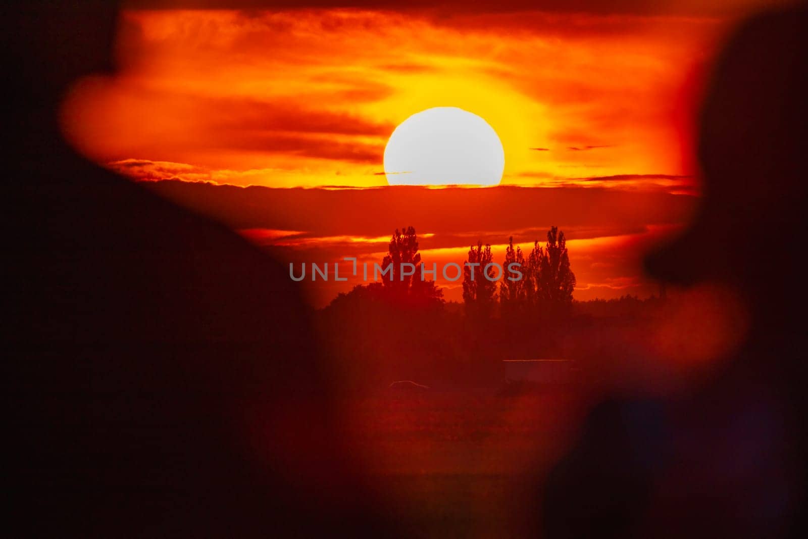 Beautiful cloudy red sunset with gigantic sun over big fields and trees seen by 600mm camera lens 