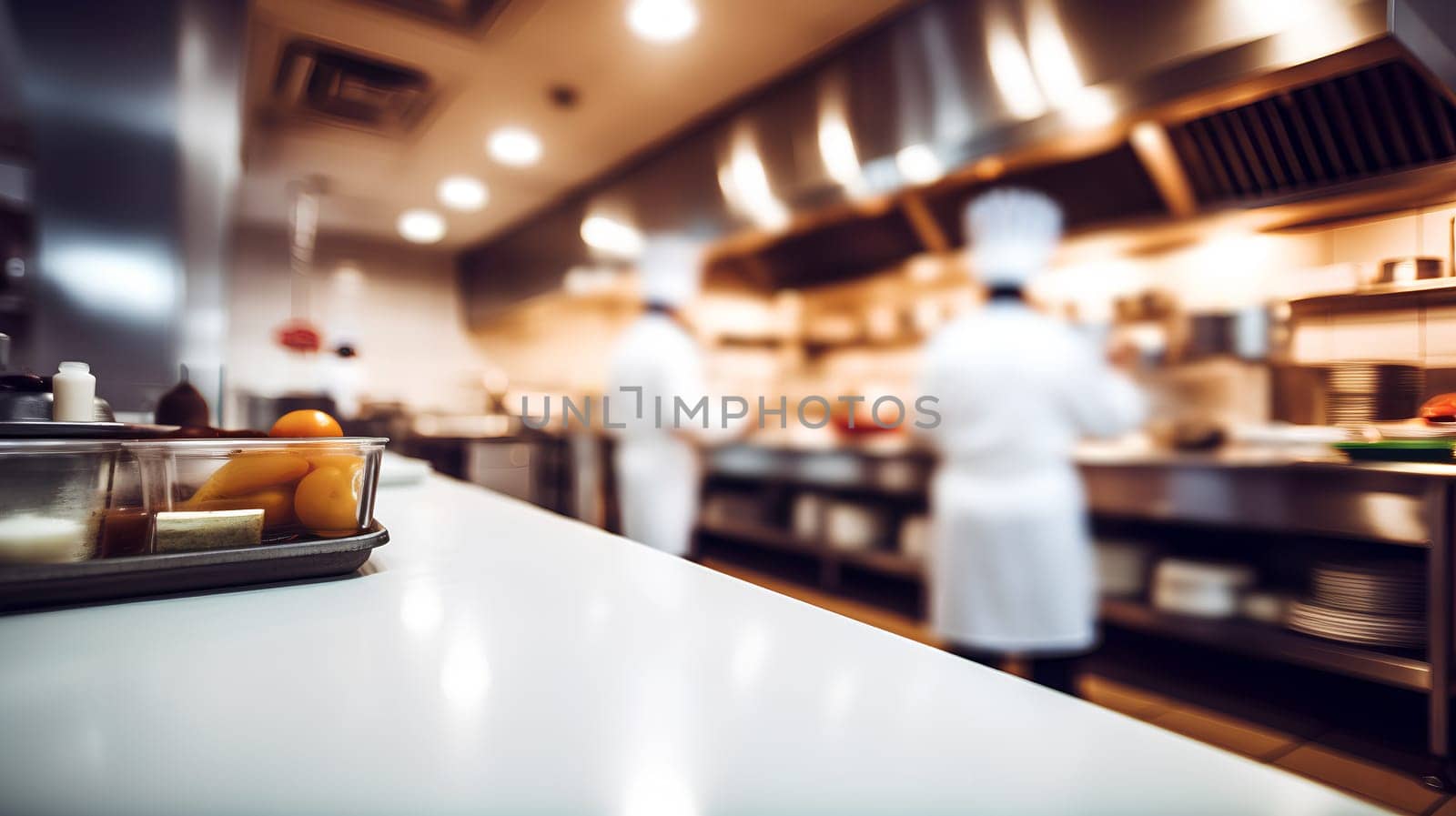 chefs are preparing food in a kitchen - blurred background - AI generative