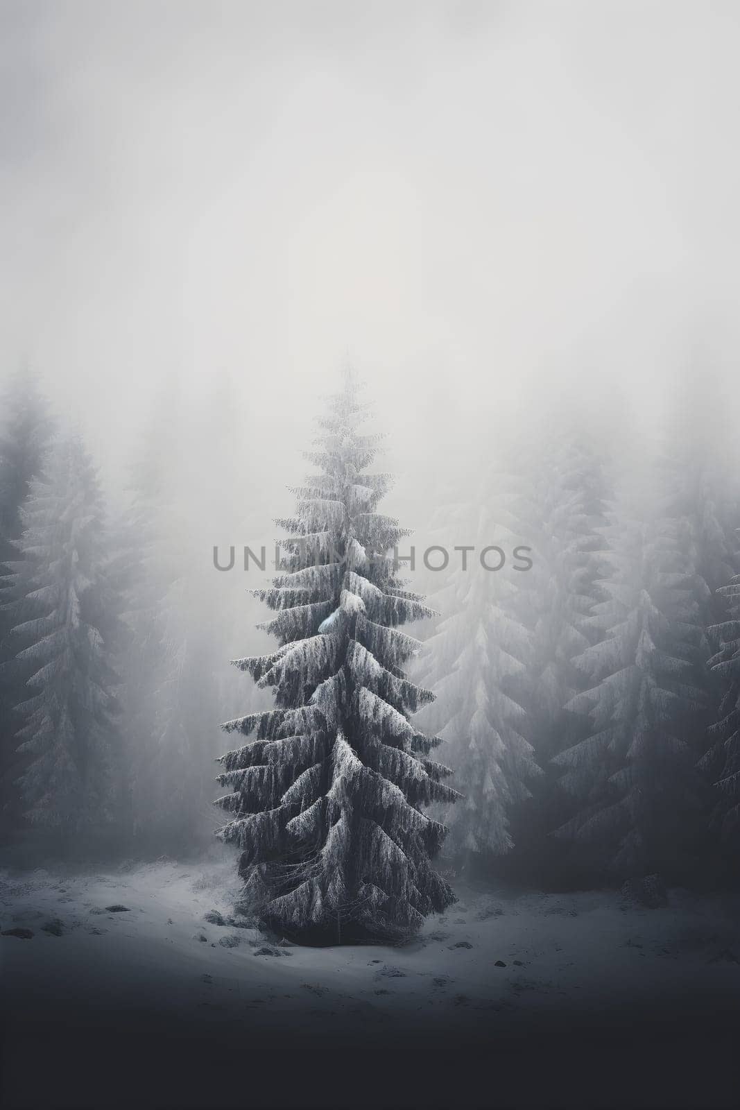 Pine trees in the fog - dark forest with dramatic light - AI generative