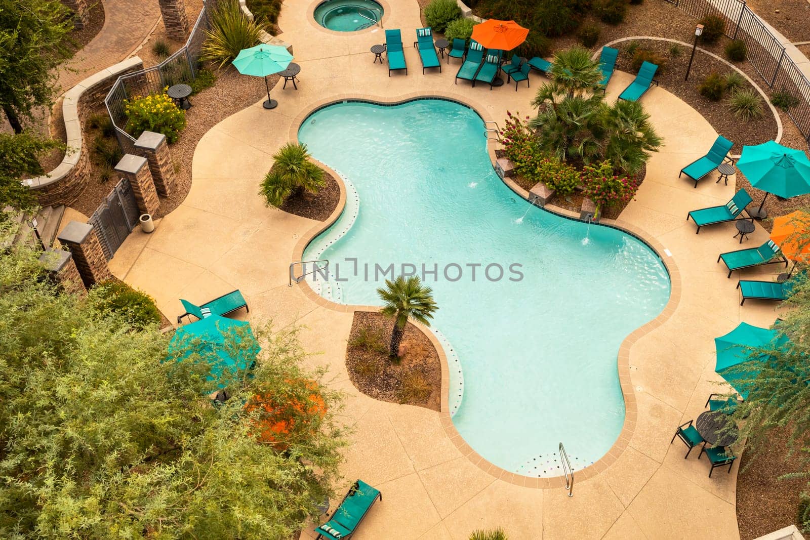 Aerial Top View Of Swimming Pool With Stairs, Empty Chaise Sun Bed Lounge, Umbrella, Palms And Flowers. Private Villa, Residential Area. Relaxing Outdoor Area. Horizontal Plane. High quality photo