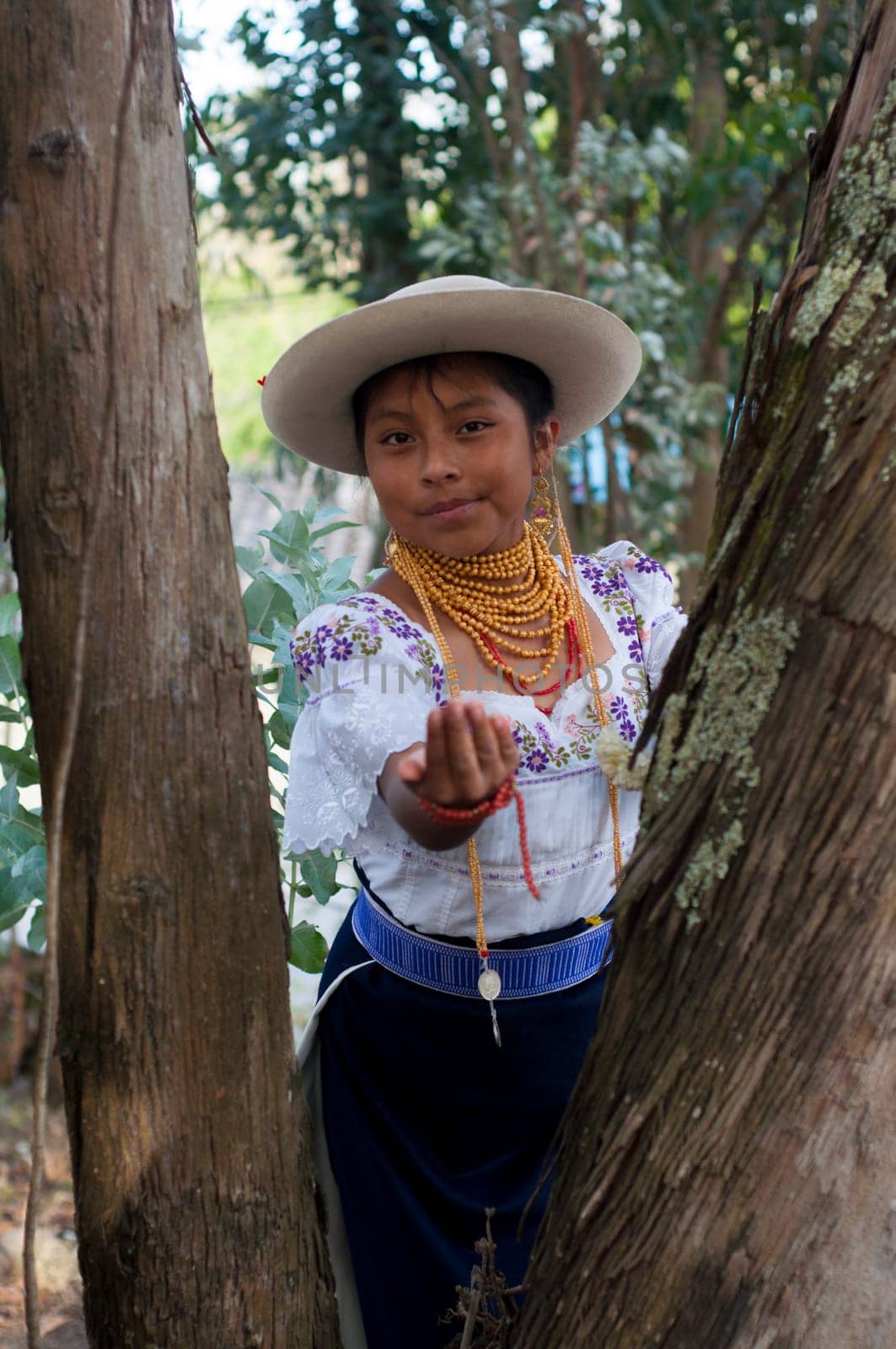 A 13-Year-Old Indigenous Stunner in Ecuadorian Traditional Garb, Posing with a Heartfelt Smile Amidst Towering Trees and Nature's Treasures by Raulmartin