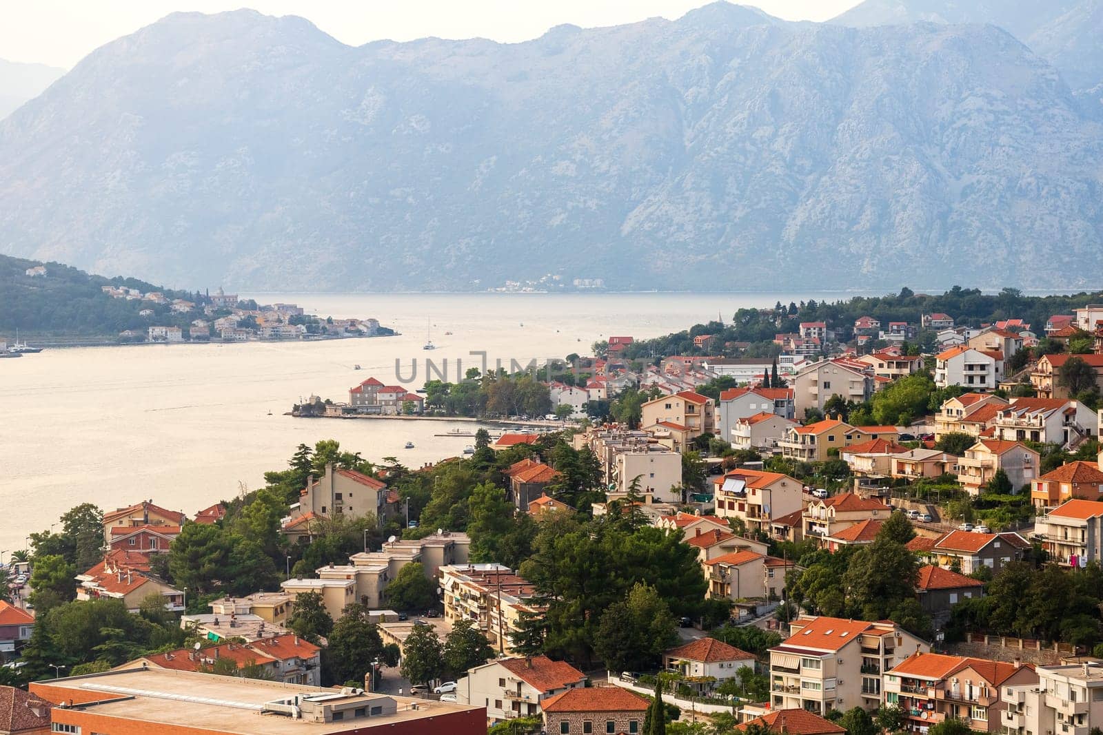 Top view of the old city of Kotor and the Kotor Bay in Montenegro