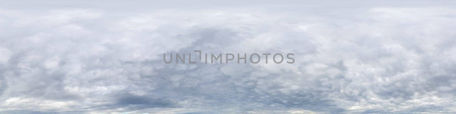 Dramatic overcast sky panorama with dark gloomy rainy clouds. HDR 360 seamless spherical panorama. Sky dome in 3D, sky replacement for aerial drone panoramas. Climate and weather change concept by panophotograph