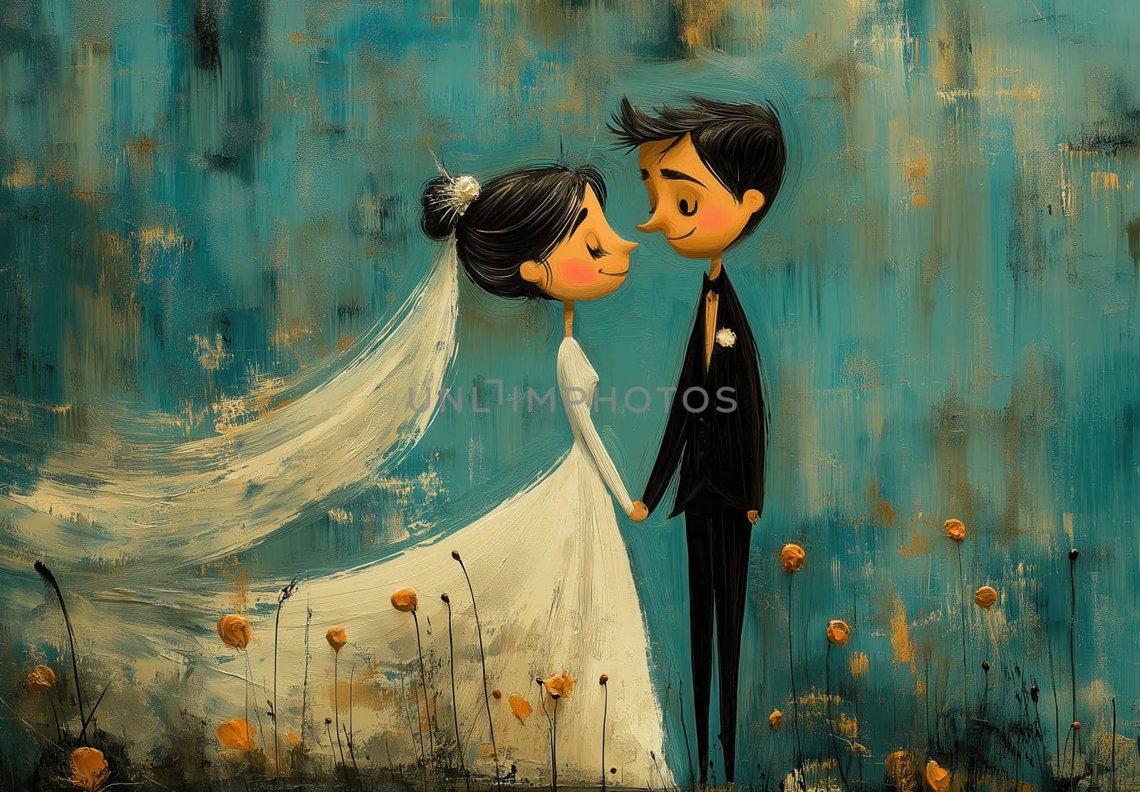 A cartoon illustration of a bride and groom on a blue background. Selective focus.