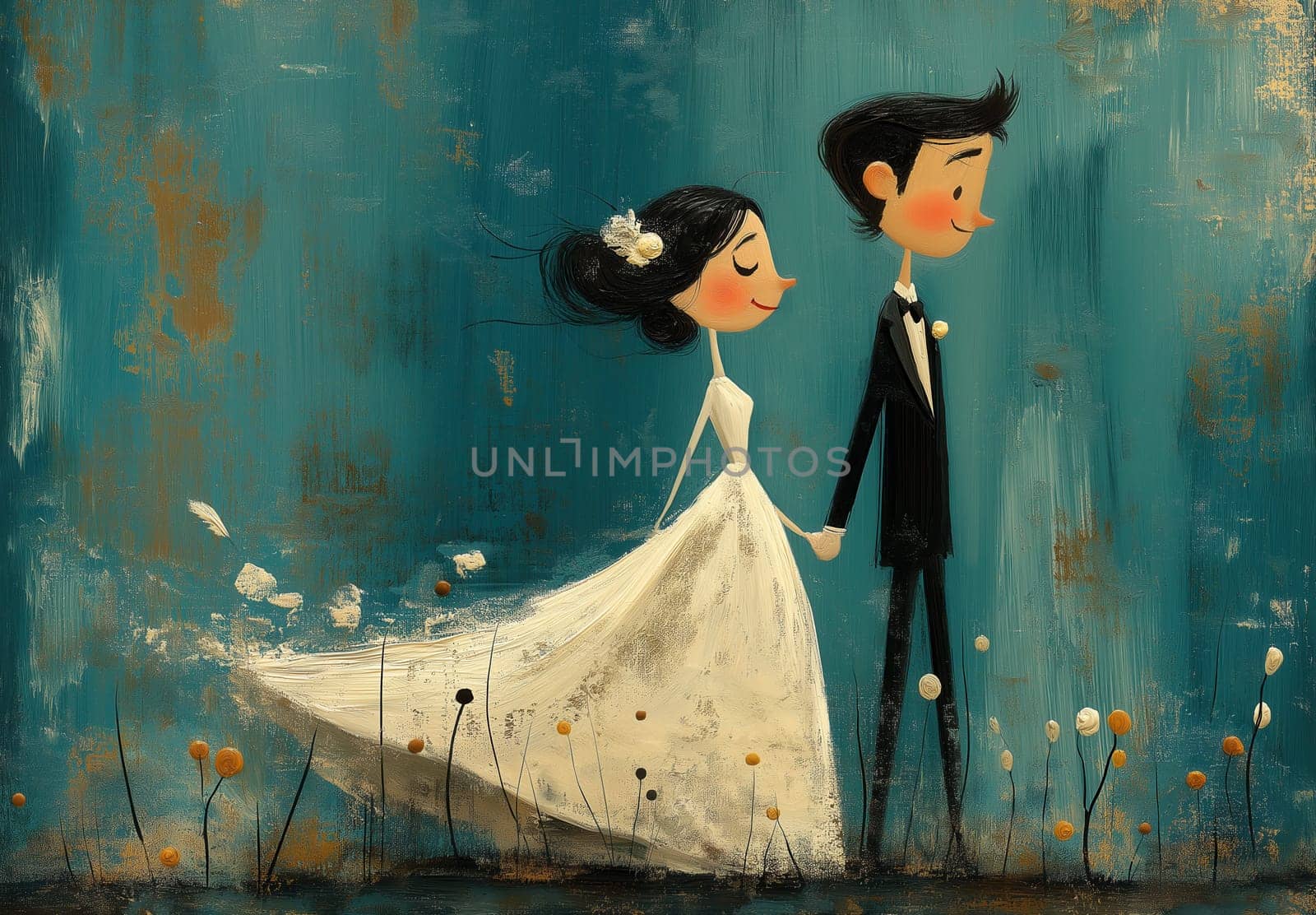 A cartoon illustration of a bride and groom on a blue background. Selective focus.
