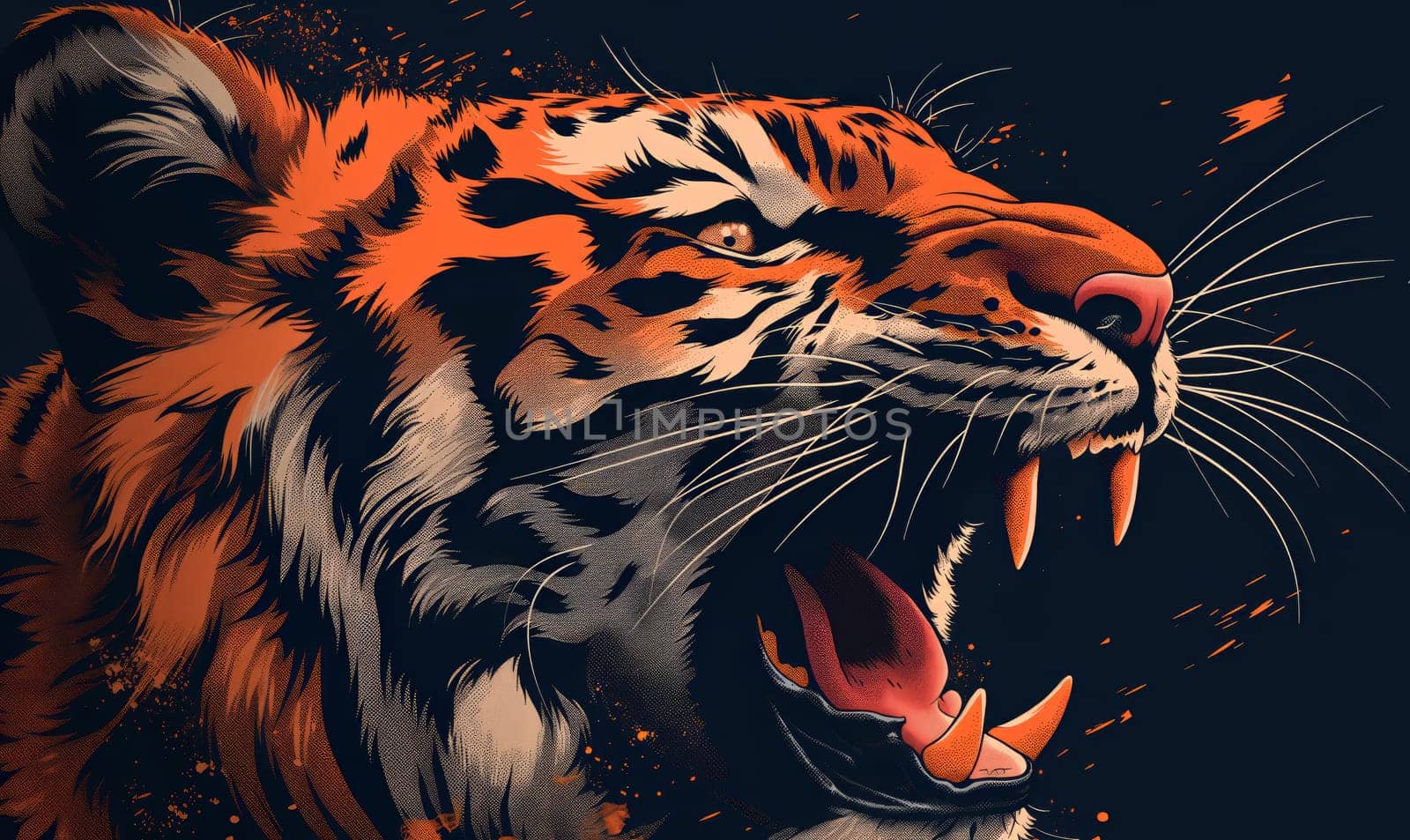 Abstract illustration of a tiger face on a dark background. Selective focus.