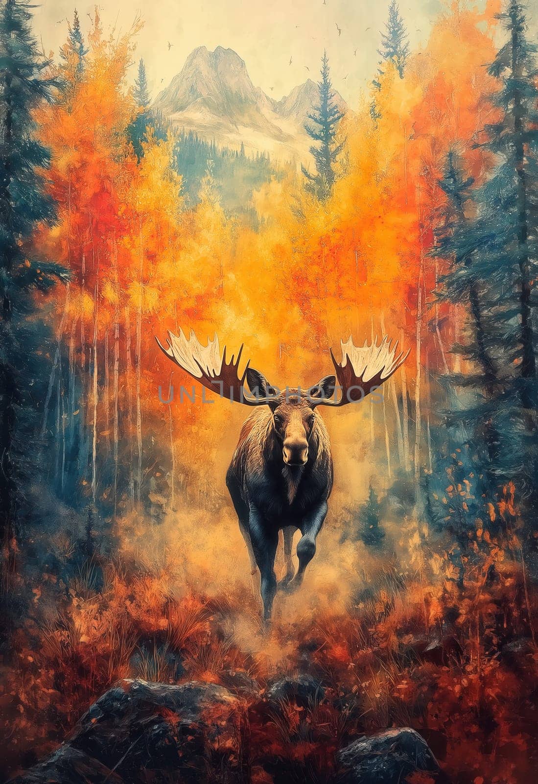 Watercolor of a moose running through an autumn forest. Selective focus.