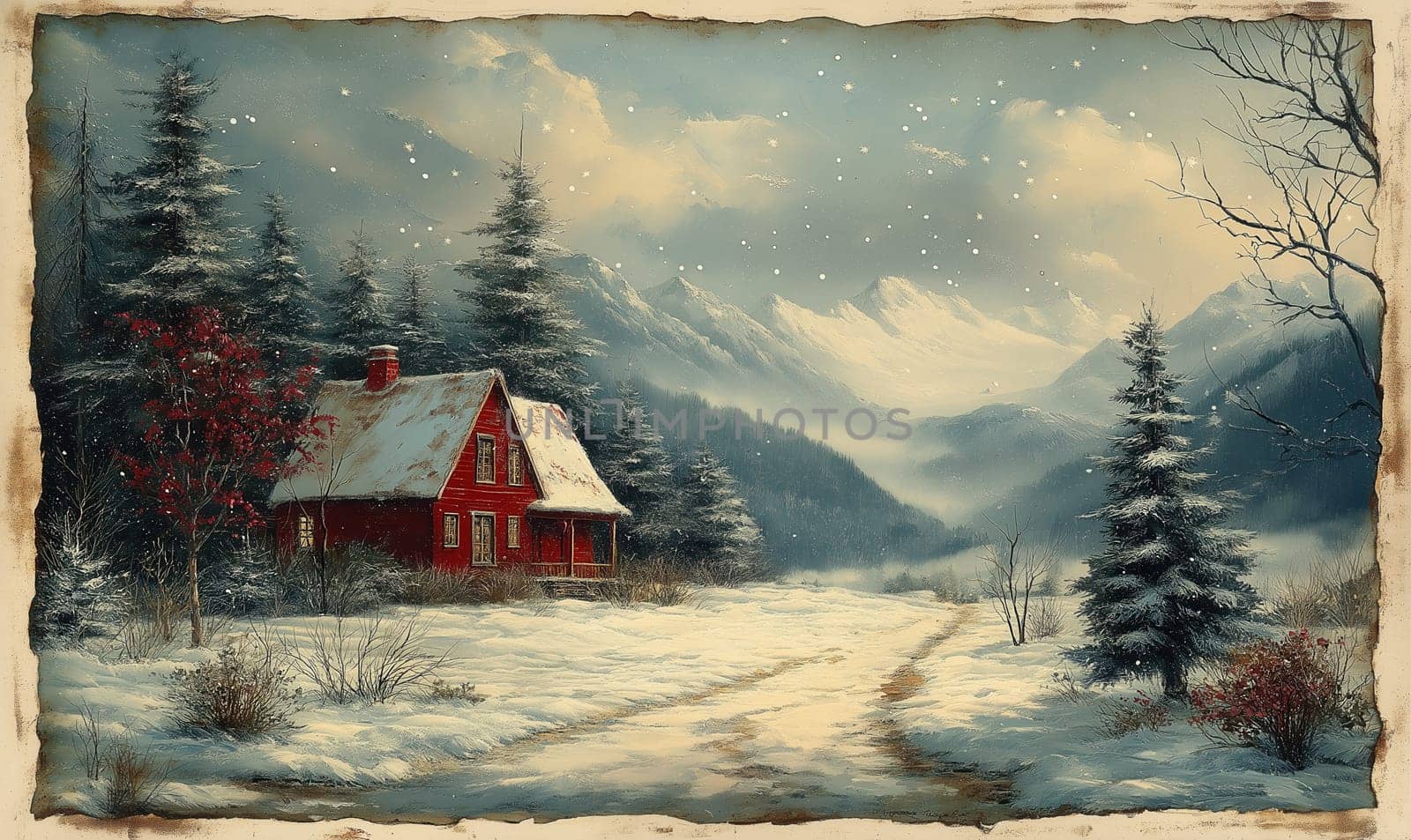Winter picture, with the image of a snowy road and an adorable house. Selective focus.