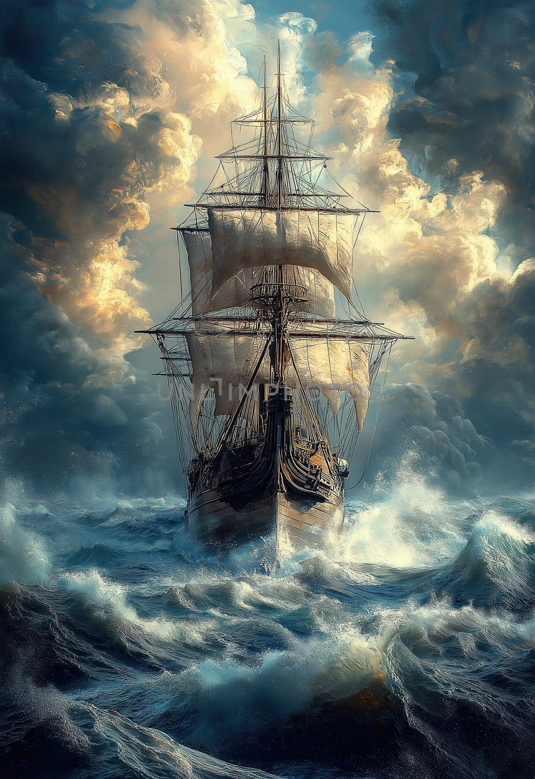 A sailing ship braves the waves on a stormy sea. Selective focus.