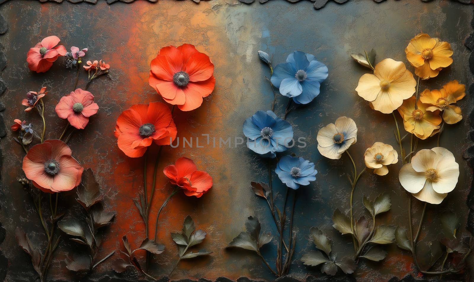 Colorful flowers on a textured background. Selective focus.