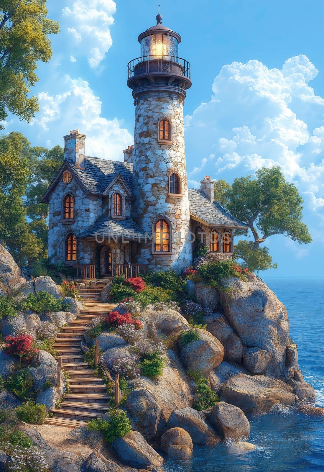 Illustration, a path to a lighthouse on a rocky island. Selective focus.