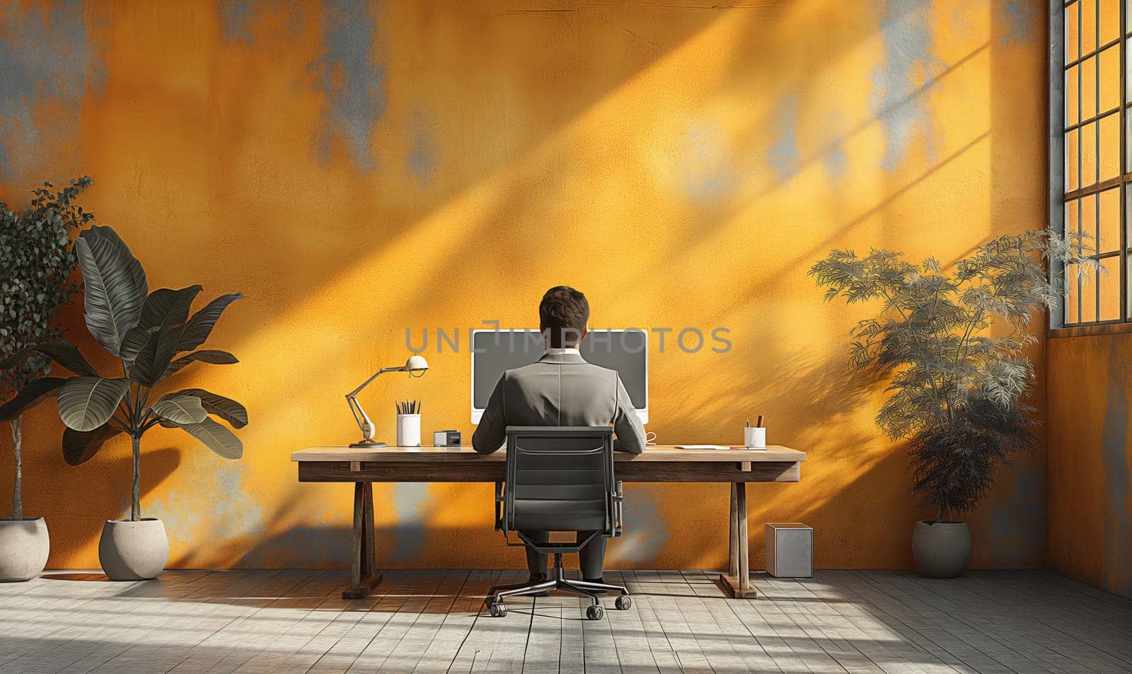 A man works on a computer, rear view. Selective focus.
