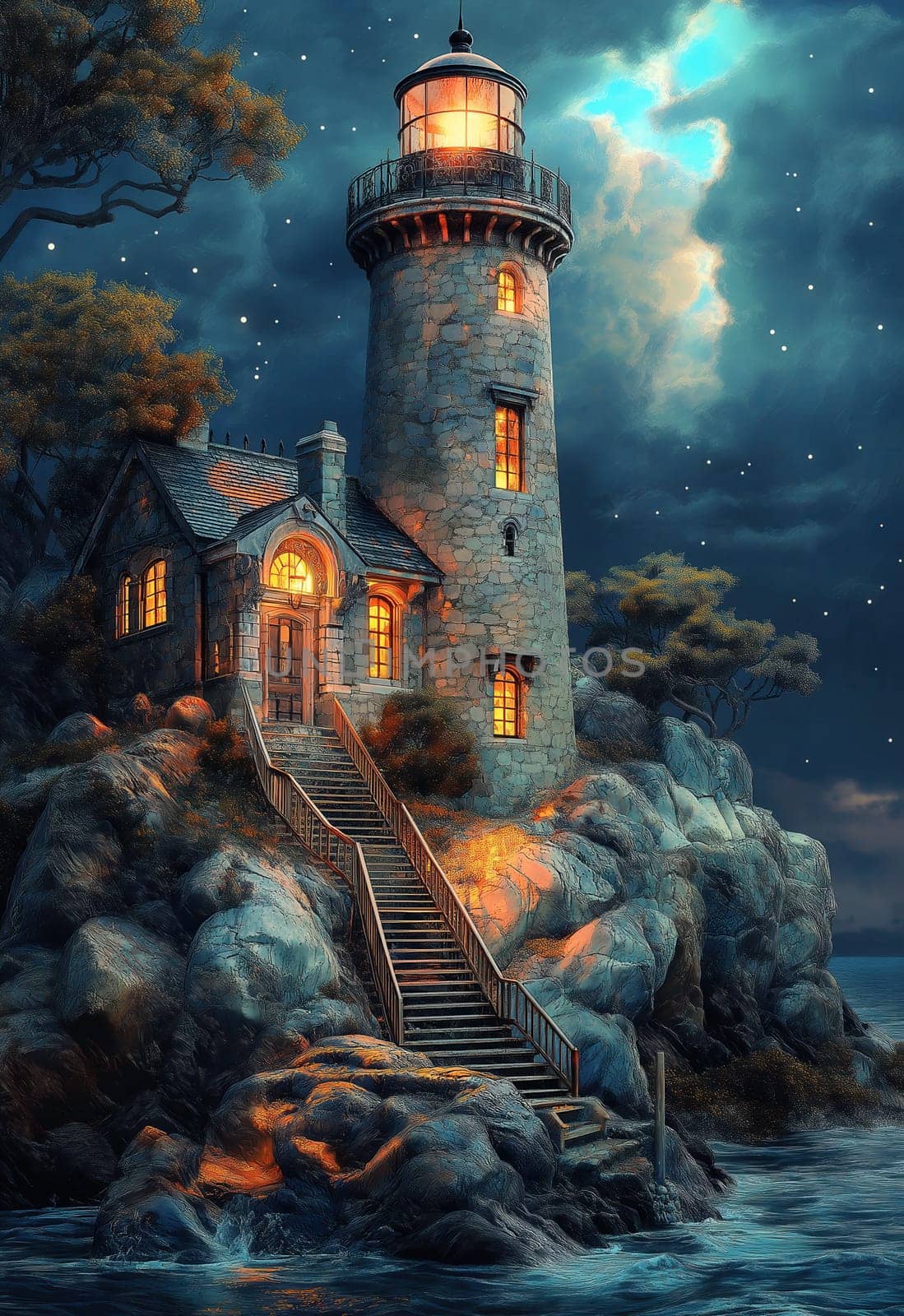Illustration, a path to a lighthouse on a rocky island. Selective focus.