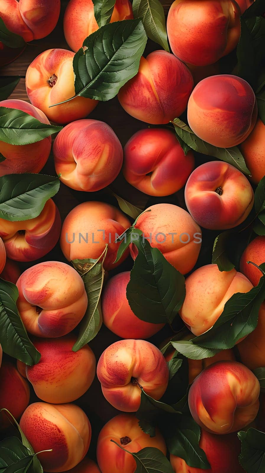 A pile of fresh peaches with leaves, a delicious and nutritious fruit that is a natural food staple. Peaches, apricots, and nectarines are considered superfoods and whole foods