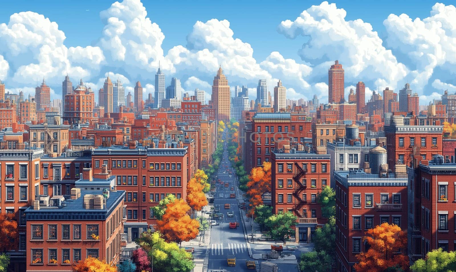 Thumbnail model of a cityscape in pixels. Selective focus.