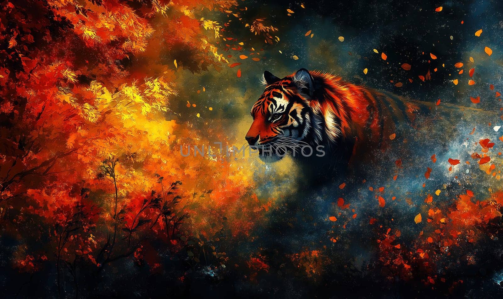 Abstract illustration of a tiger face on a dark background. Selective focus.