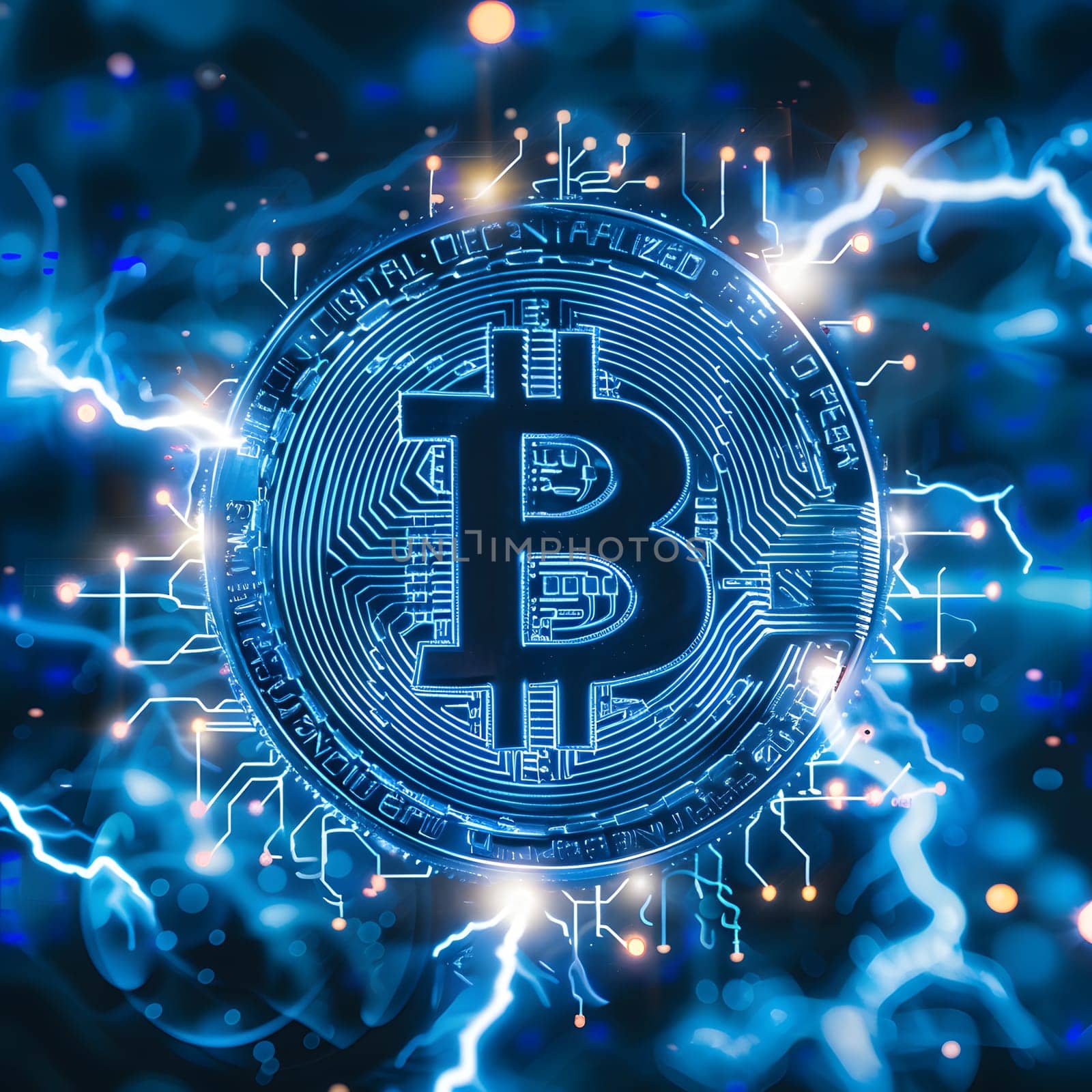 An electric blue coin with a bold letter B in the center is encircled by lightning bolts, creating a captivating display that symbolizes the fusion of science and energy in our world