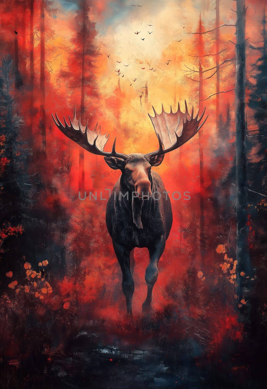 Watercolor of a moose running through an autumn forest. Selective focus.
