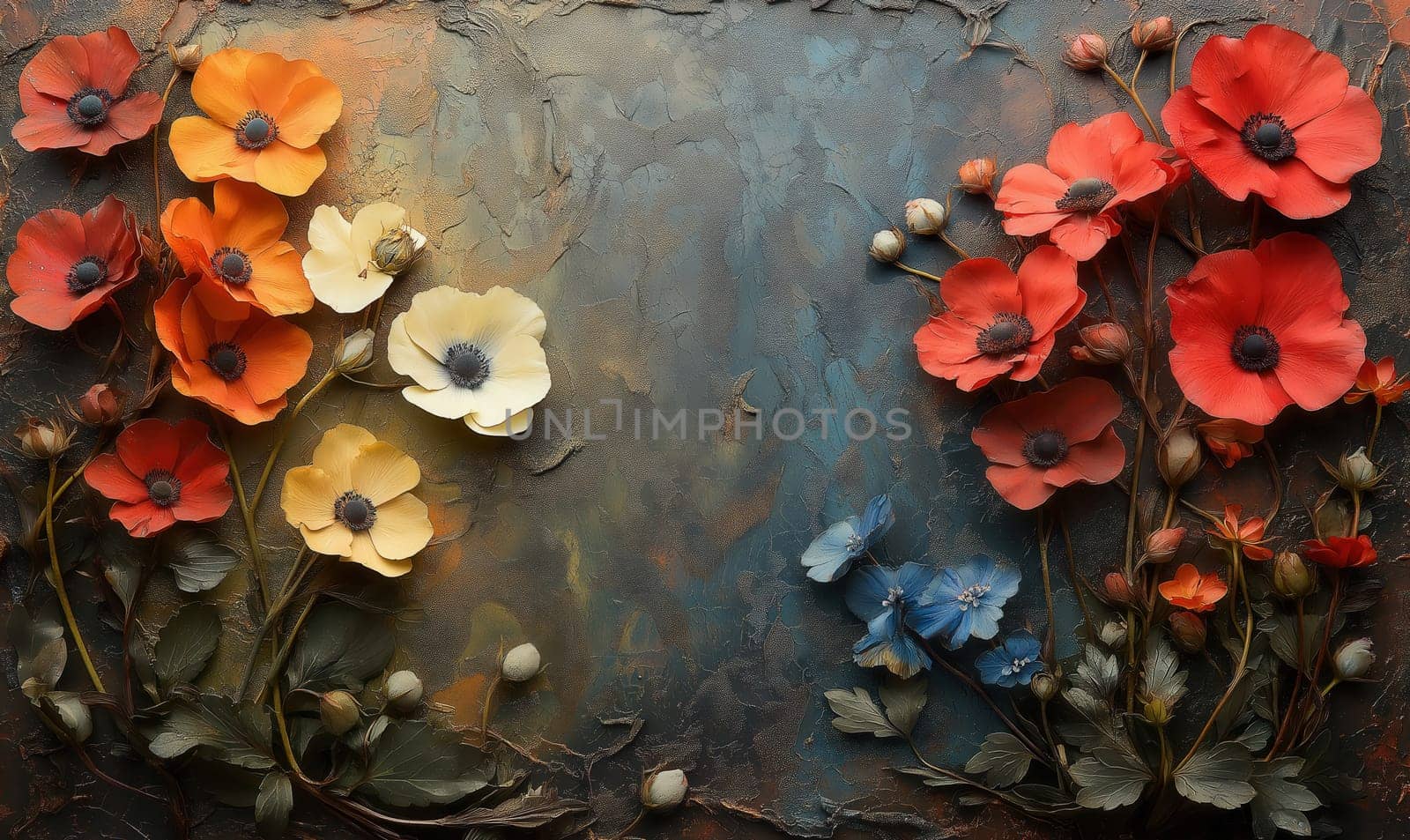 Colorful flowers on a textured background. Selective focus.