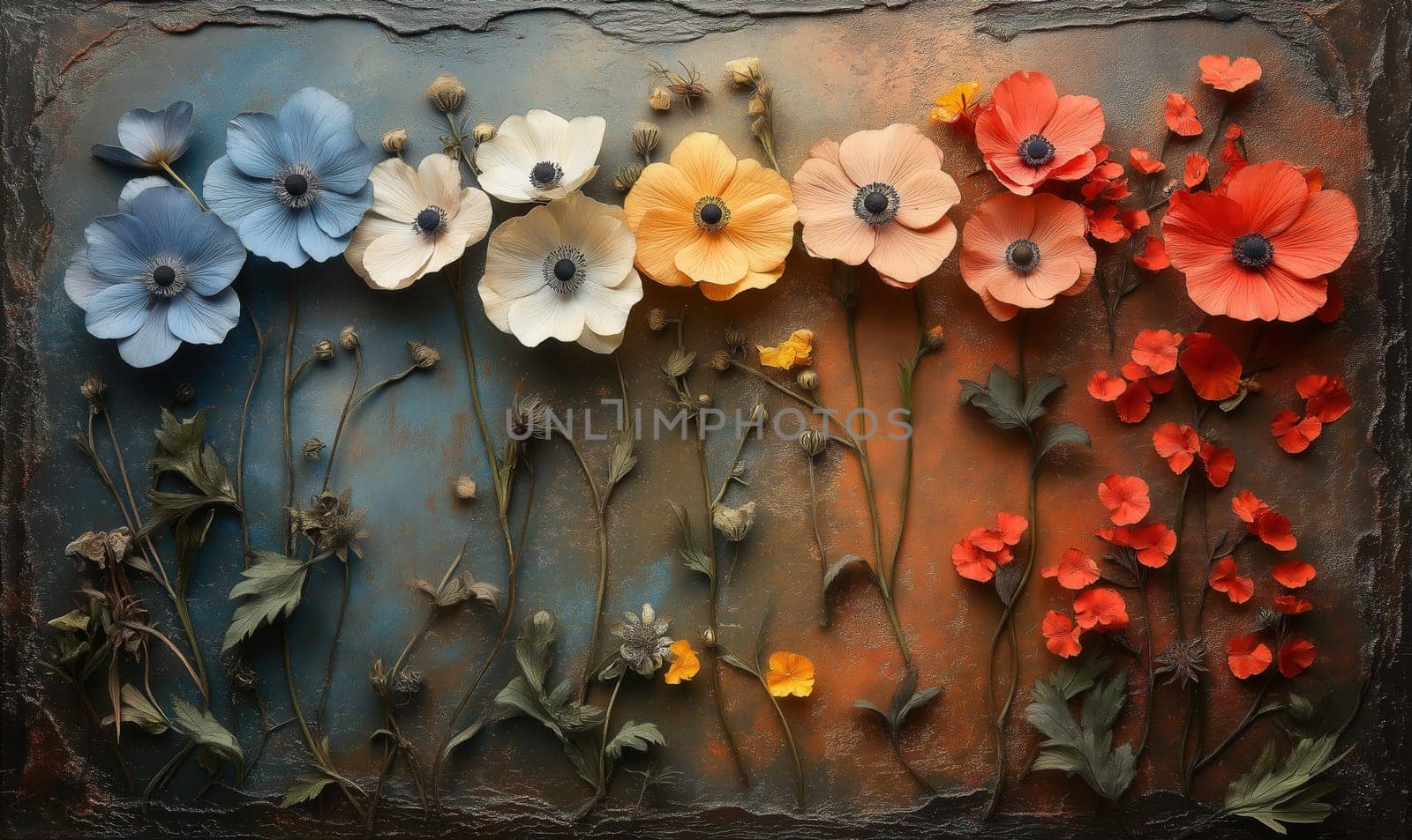 Colorful flowers on a textured background. Selective focus.