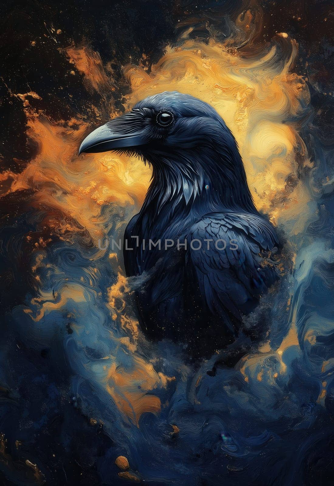A black raven on an abstract textured background. Selective focus.