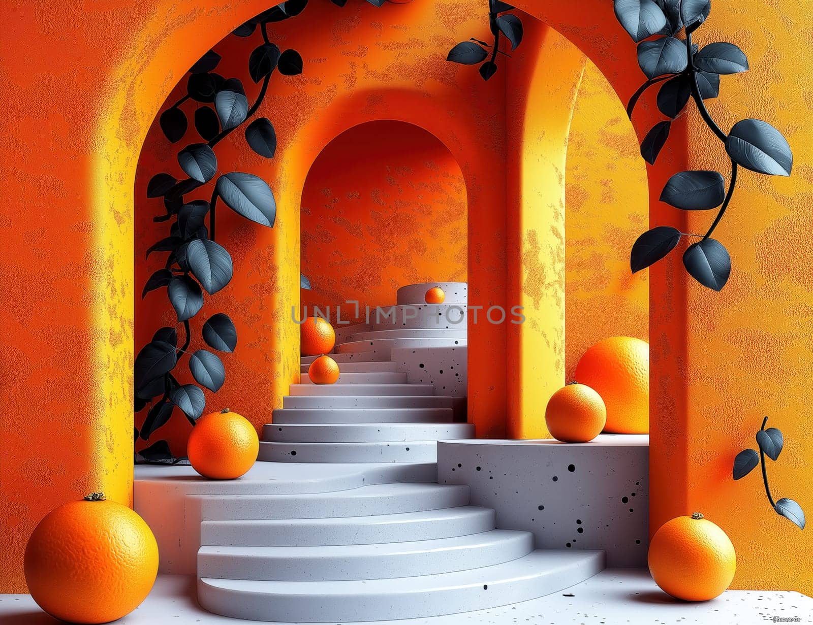 A staircase with arches in an orange theme with balls and greenery. Selective focus.