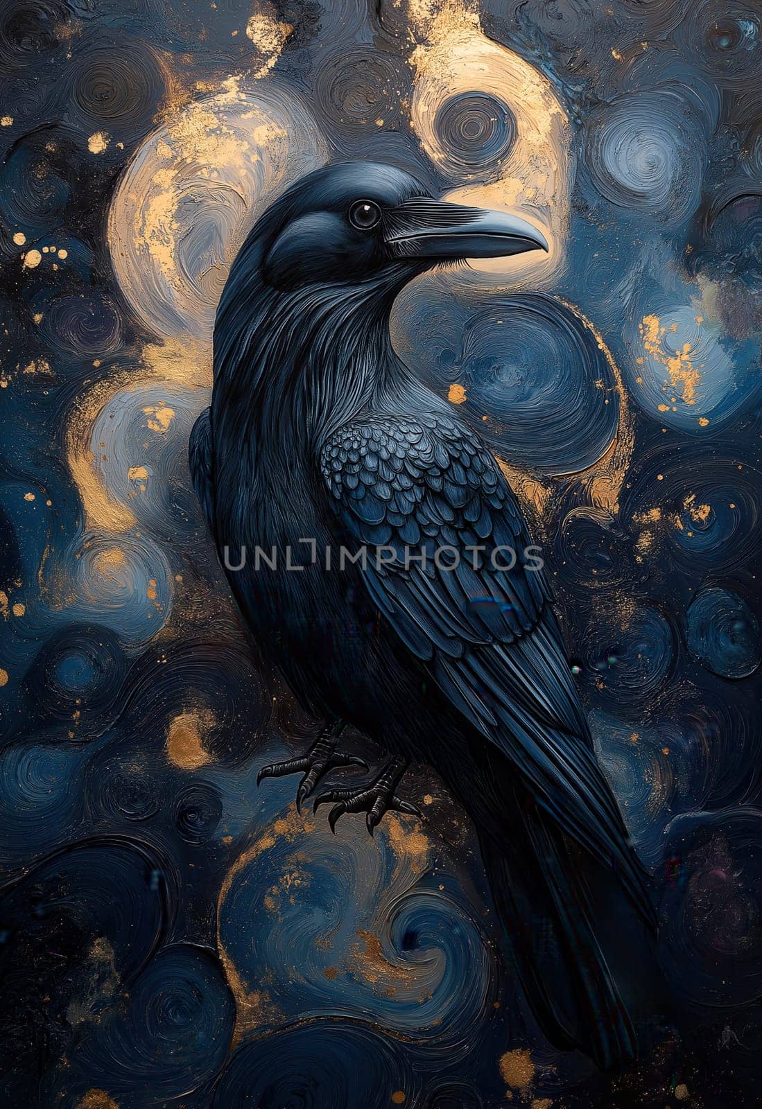 A black raven on an abstract textured background. Selective focus.