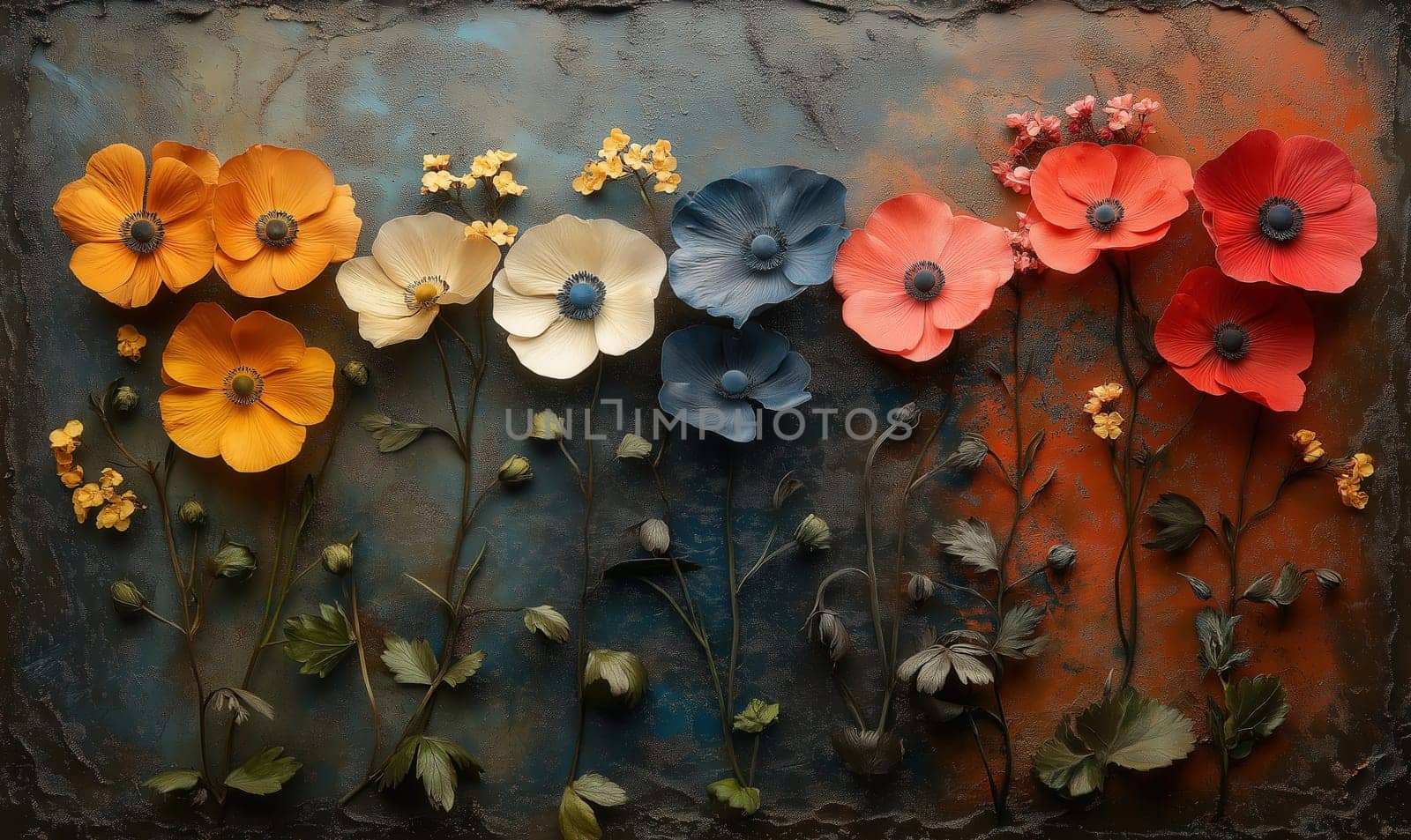 Colorful flowers on a textured background. Selective focus.