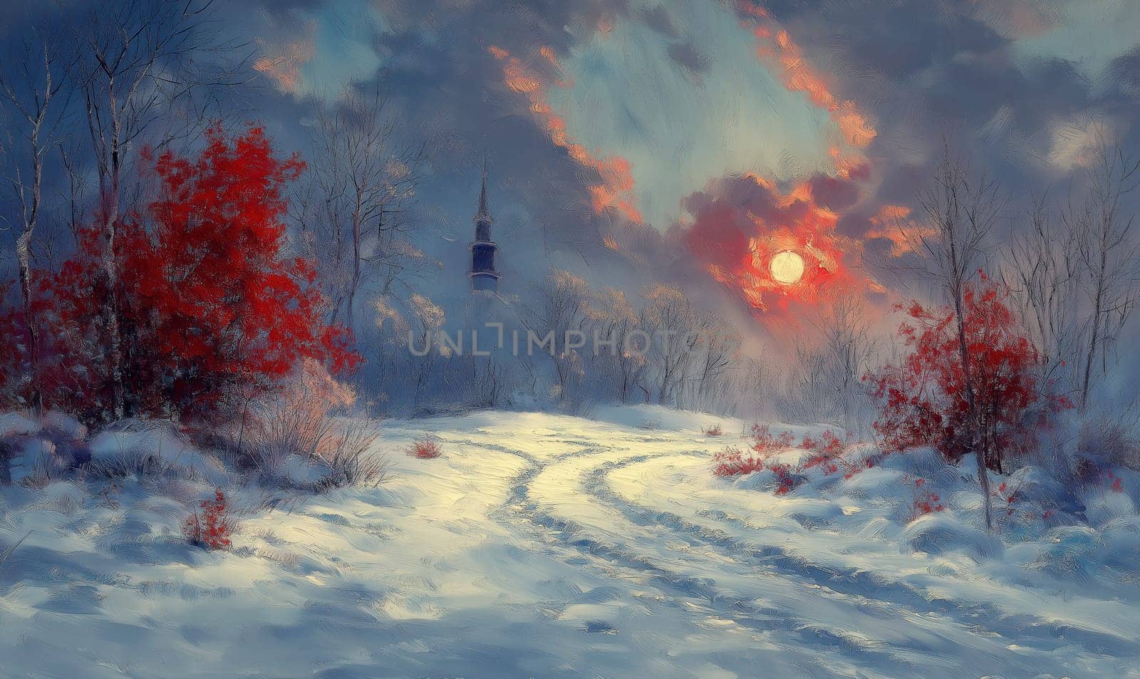 Winter picture, with the image of a snowy road and an adorable house. Selective focus.