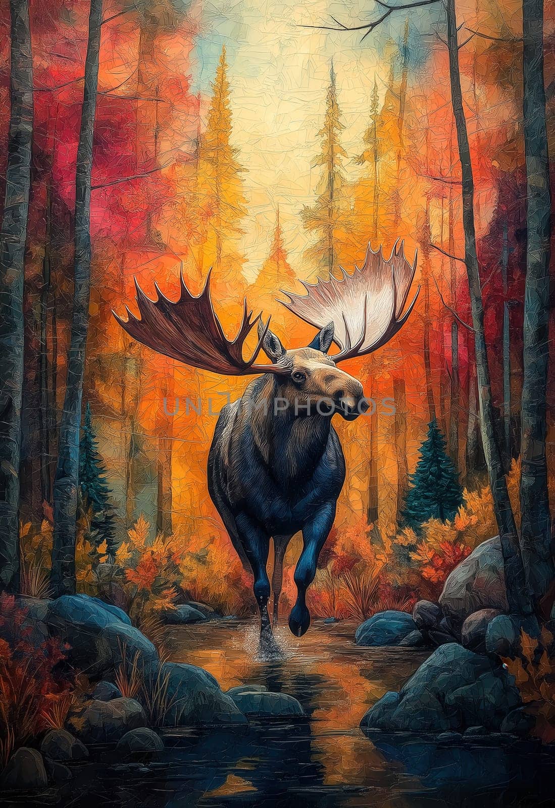 Watercolor of a moose running through an autumn forest. Selective focus.