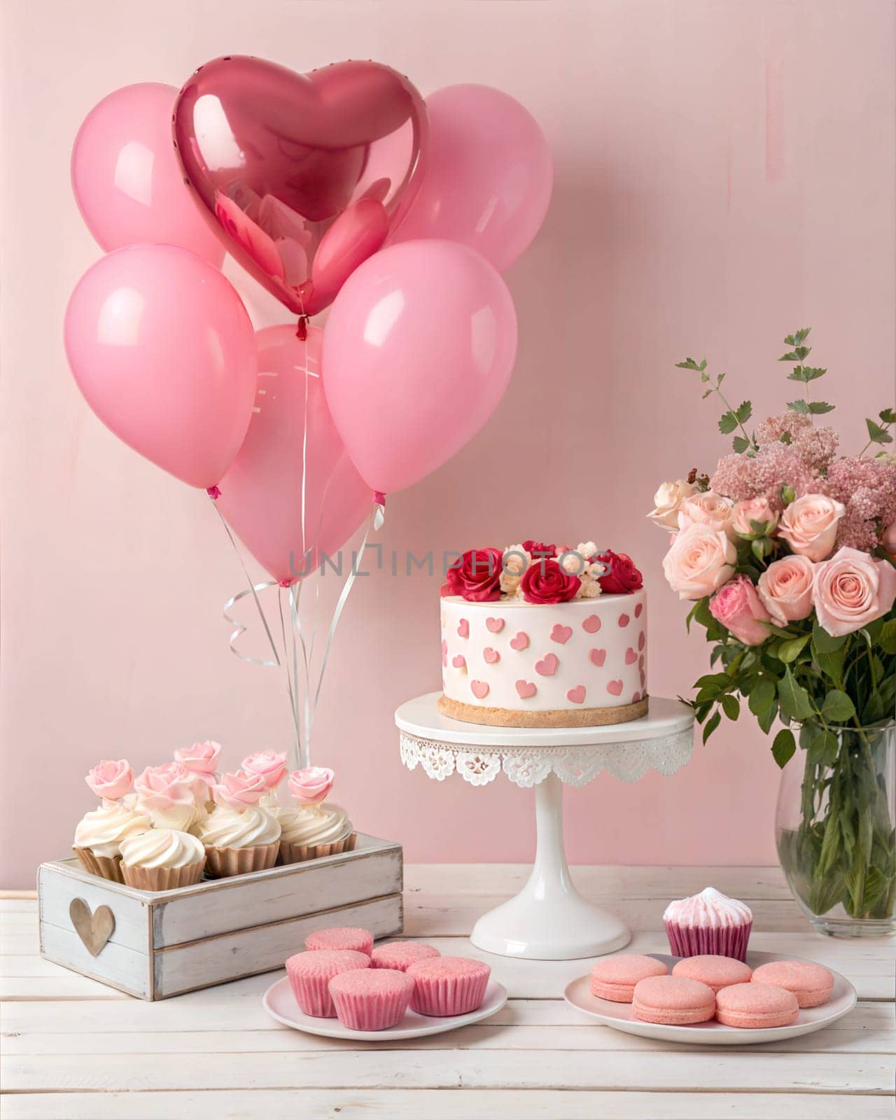 Party table with cake, heart shaped balloons, pink roses, cupcakes on pink background. Love concept. St. Valentines day, Anniversary, Birthday
