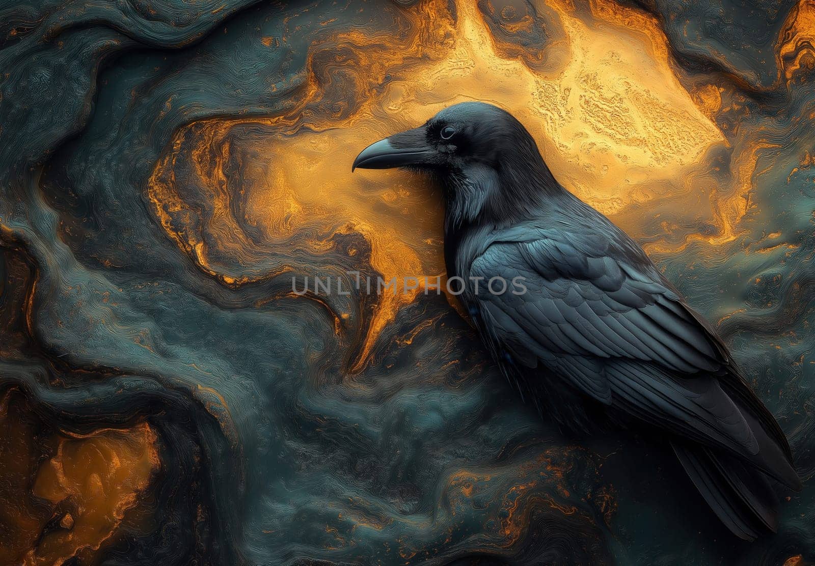 A black raven on an abstract textured background. Selective focus.