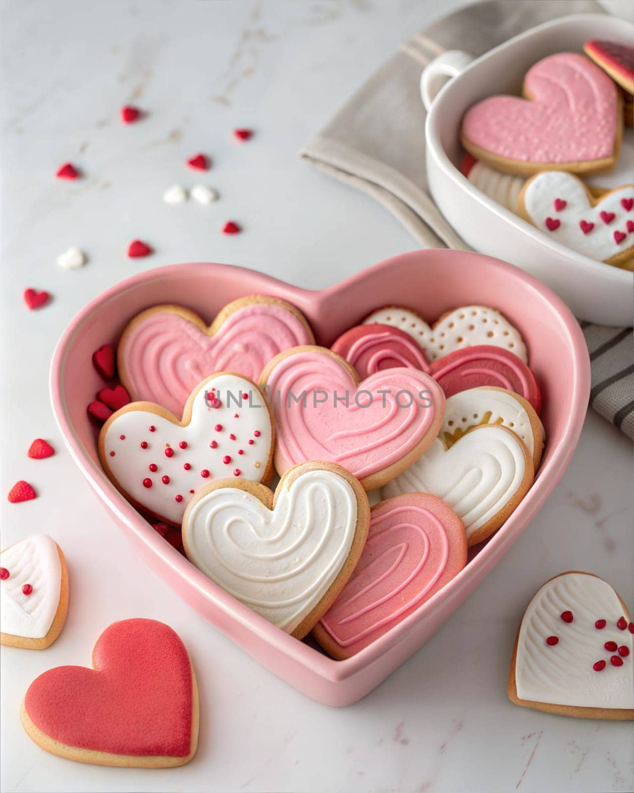 Decorated heart shaped cookies in heart shaped bowl. love concept. St. Valentin's Day cookies.