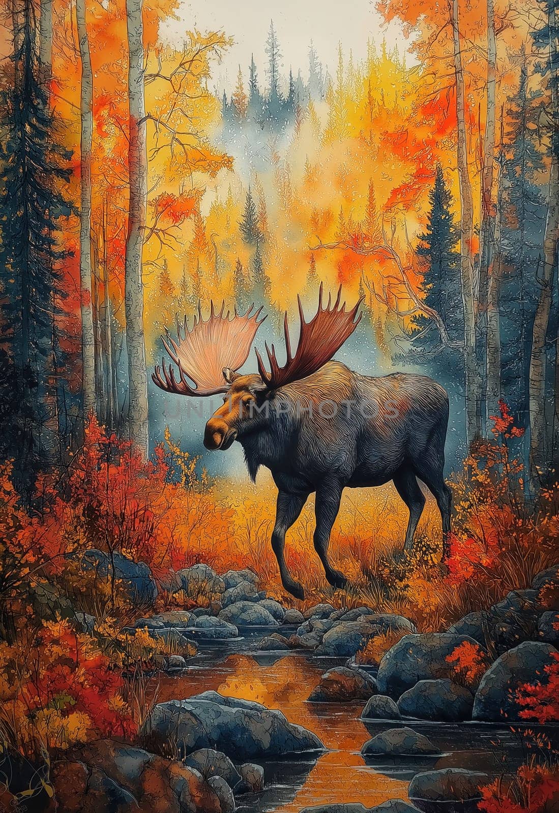 Watercolor of a moose running through an autumn forest. Selective focus.