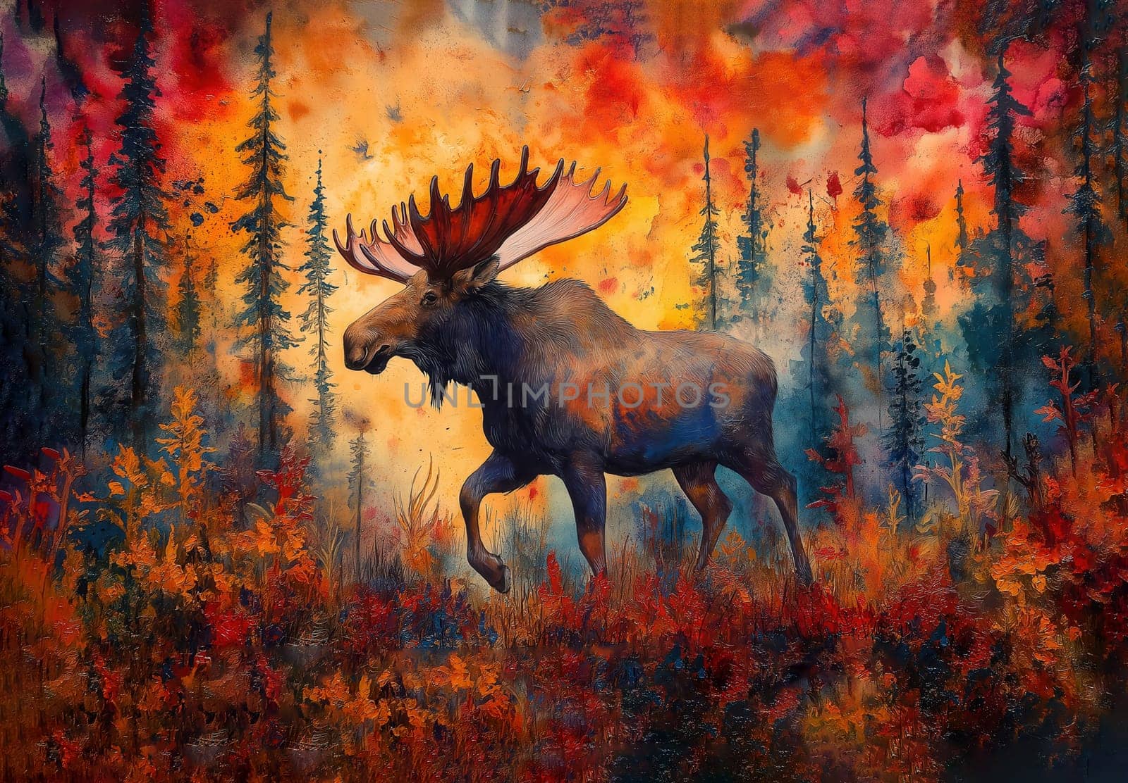 Watercolor of a moose running through an autumn forest. Selective focus.