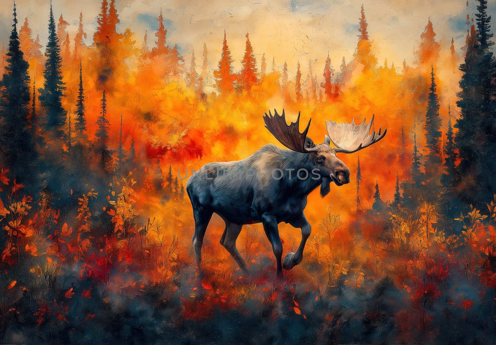 Watercolor of a moose running through an autumn forest. Selective focus.