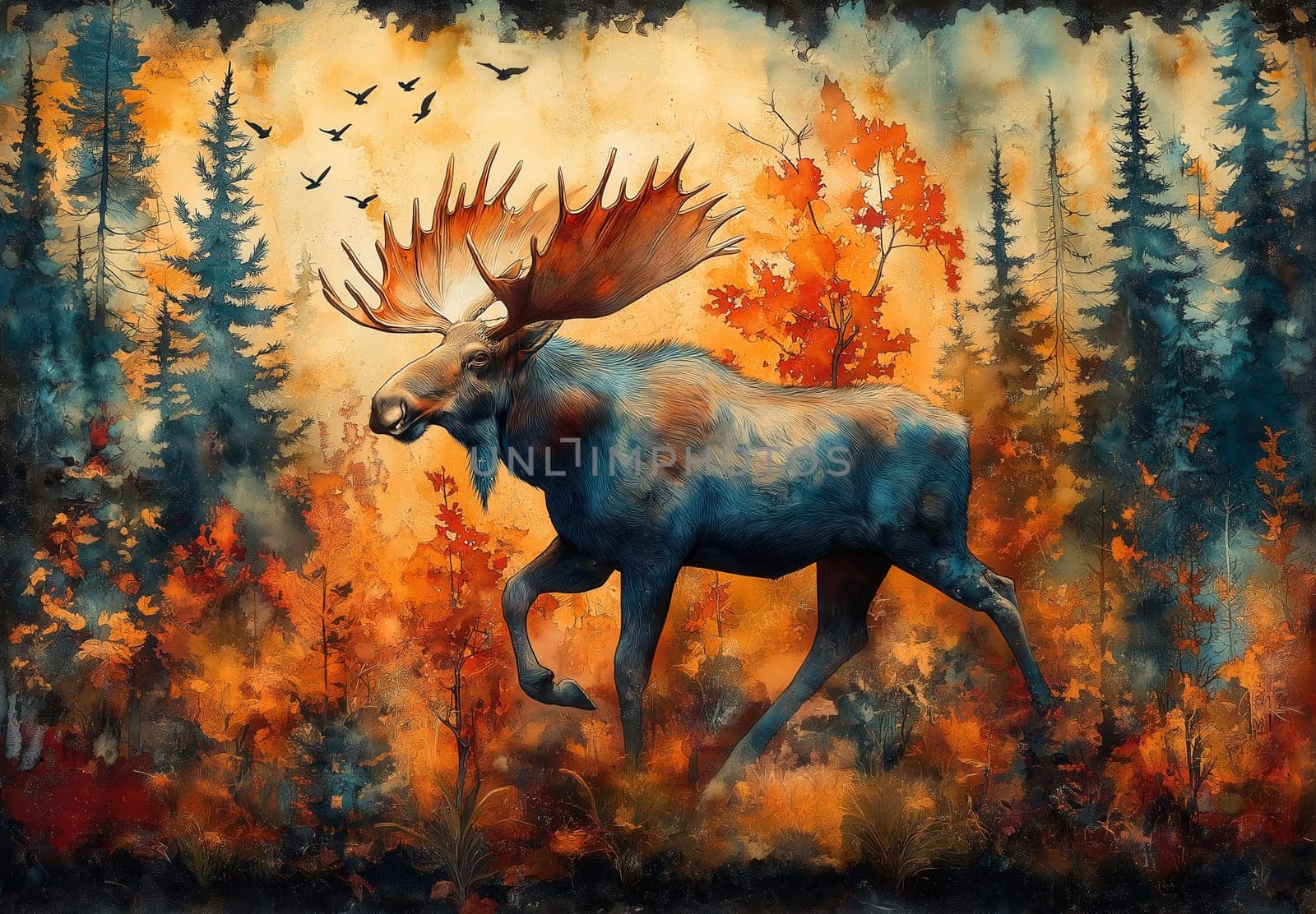 Watercolor of a moose running through an autumn forest. Selective focus.