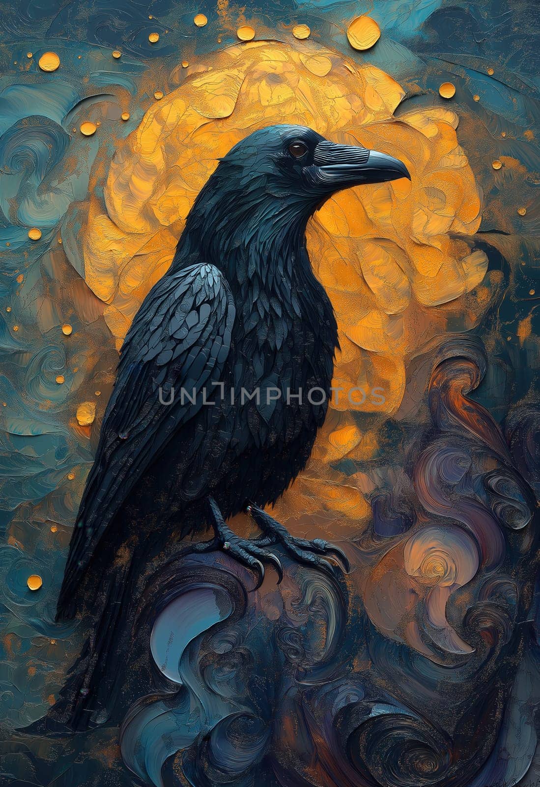 A black raven on an abstract textured background. Selective focus.