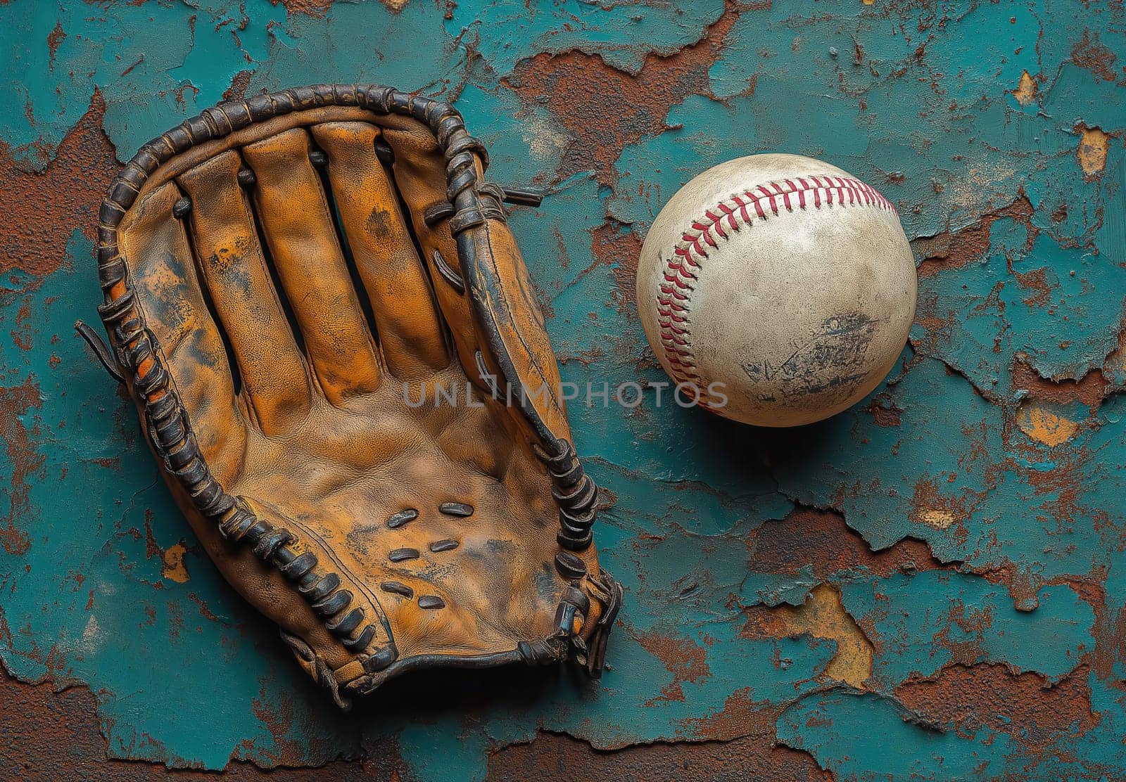 Baseball glove and baseball poster. Selective focus.