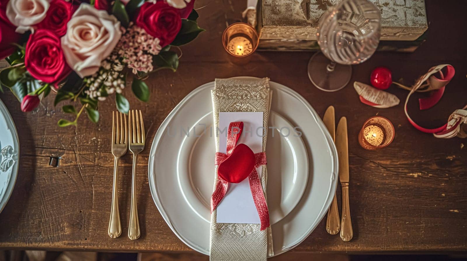 Festive table setting with candles and arrangement of beautiful red flowers. Holiday concept. High quality photo