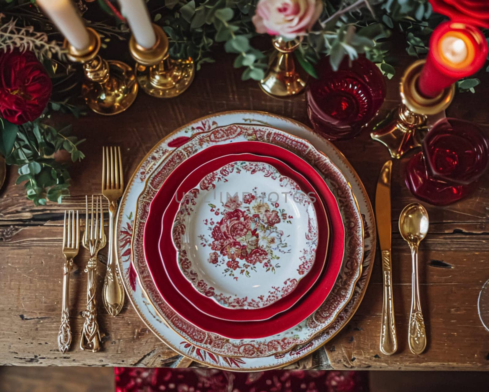 Festive table setting with candles and arrangement of beautiful red flowers. Holiday concept. High quality photo