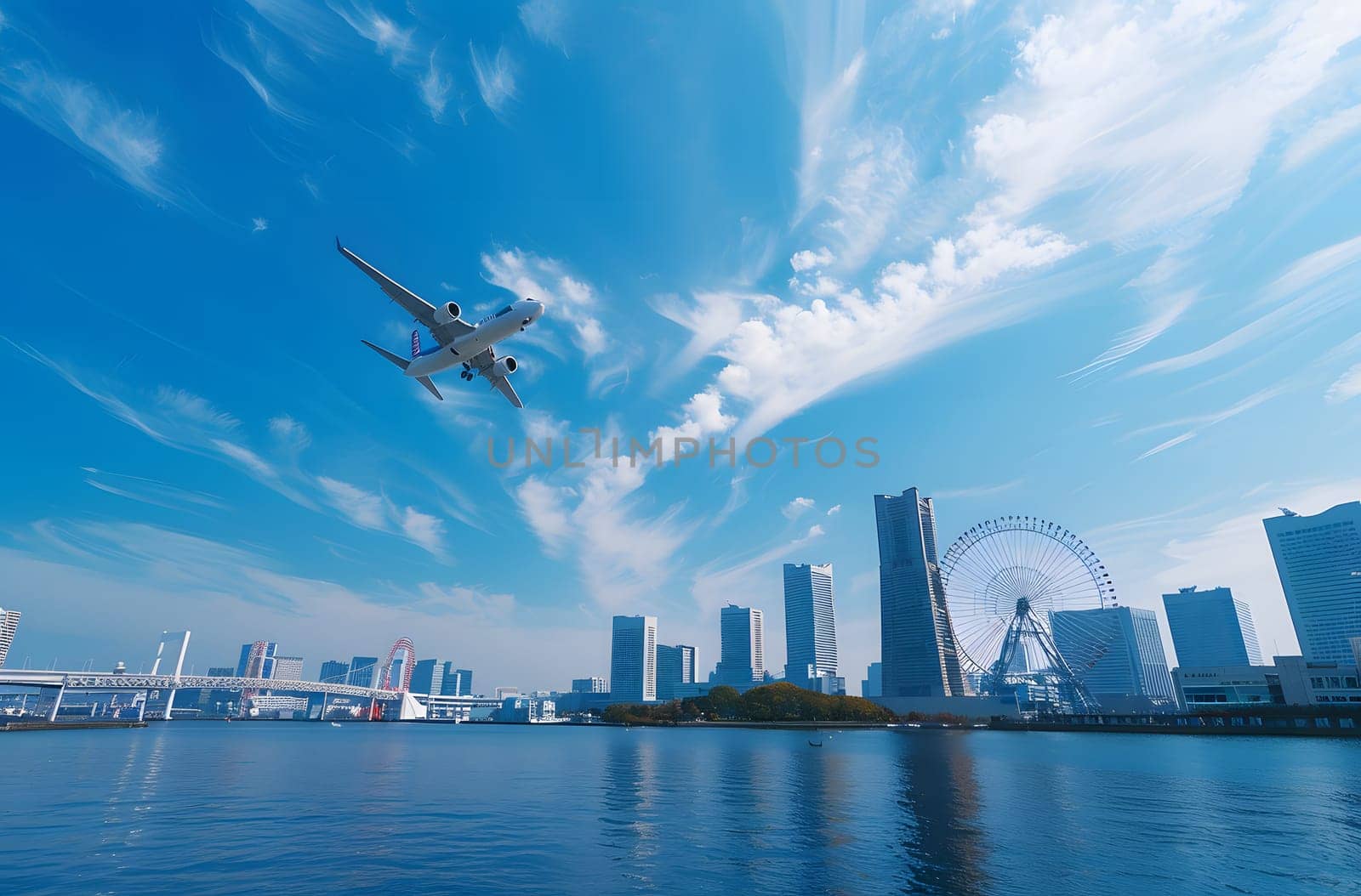 Airplane flying over a modern city skyline with high-rise buildings and clear sky.